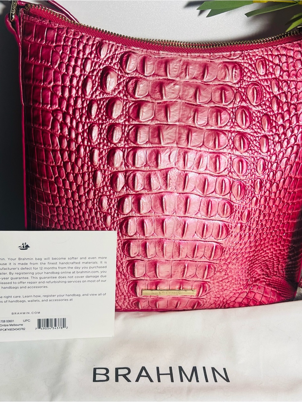 Brahmin Fuchsia Croc-Embossed Leather Shoulder Bag